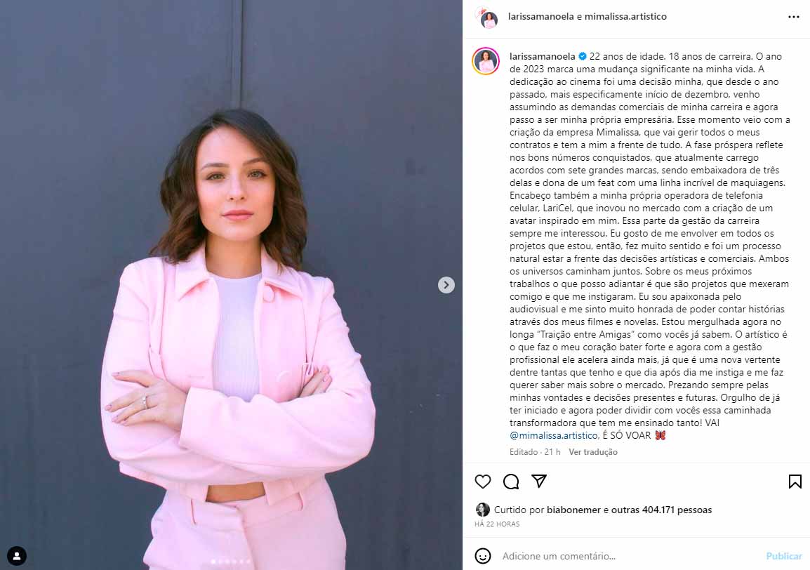 Após dispensar a mãe, Larissa Manoela vira empresaria de si mesma. Foto: Reprodução instagram