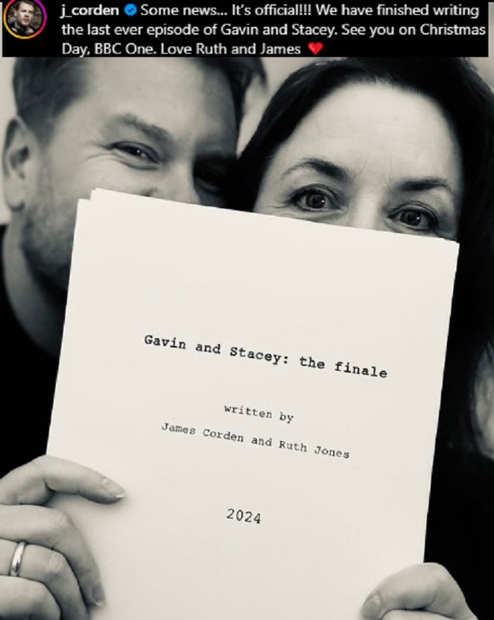 James Corden a Ruth Jones potvrzují vánoční speciál 'Gavin and Stacey' (Instagram / @j_corden)
