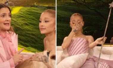 Ariana Grande se emociona após ser surpreendida por Drew Barrymore com adereço original de "Wizard of Oz"