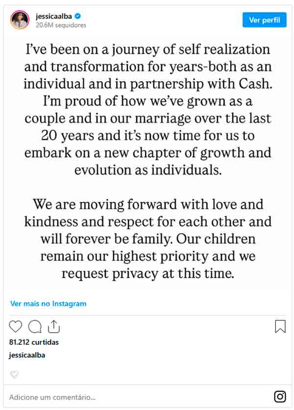 Jessica Alba and Cash Warren announce separation after 16 years of marriage. Instagram @jessicaalba