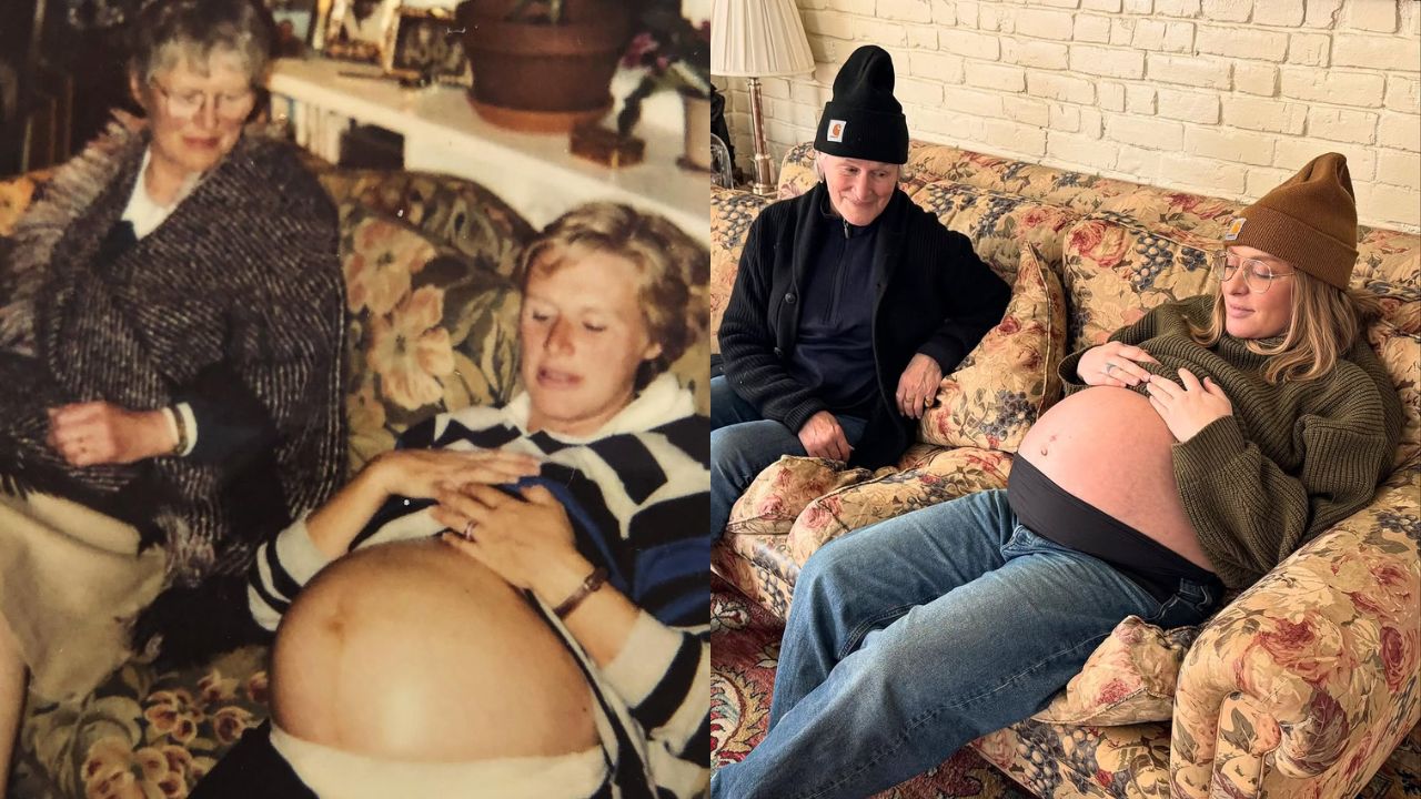 Annie Starke, Glenn Close's daughter, recreates her mother's pregnancy photo from 1988