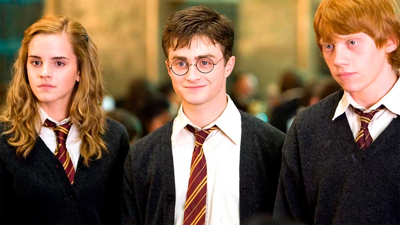 Hermine (Emma Watson), Harry Potter (Daniel Radcliffe) e Ron Weasley (Rupert Grint). Foto: Creative Commons