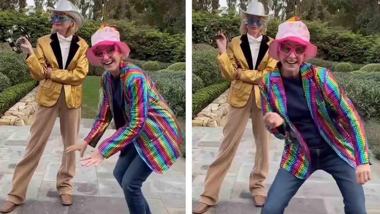 Ellen DeGeneres slaví 68. narozeniny tancem venku s Portií de Rossi. Instagram @ellendegeneres
