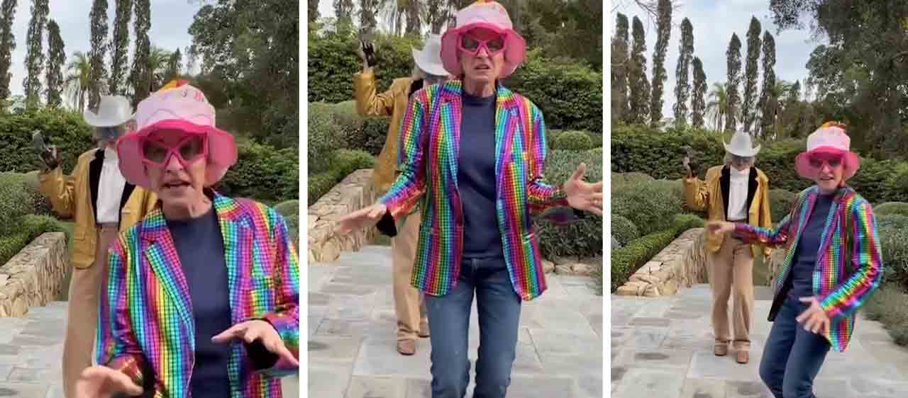 Ellen DeGeneres slaví 68. narozeniny tancem venku s Portií de Rossi. Instagram @ellendegeneres