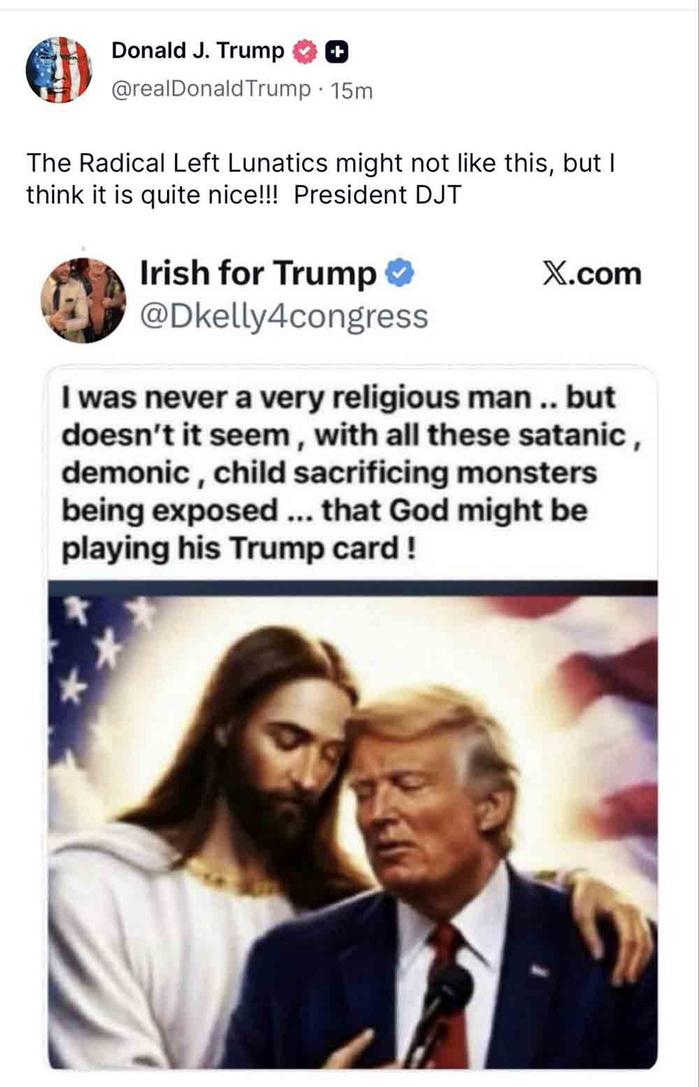 Trump deelt nieuwe door AI gegenereerde foto naast Jezus na beschuldiging van “godslastering” (Foto: Truth Social)