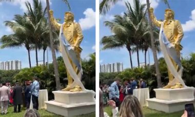 Estátua dourada de Donald Trump é "abençoada" por líderes evangélicos em cerimônia. Foto: X @ChristopherHale