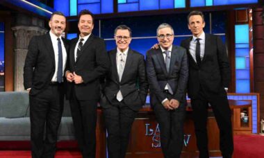 Stephen Colbert com Jimmy Kimmel, Jimmy Fallon, Seth Meyers e John Oliver - divulgação
