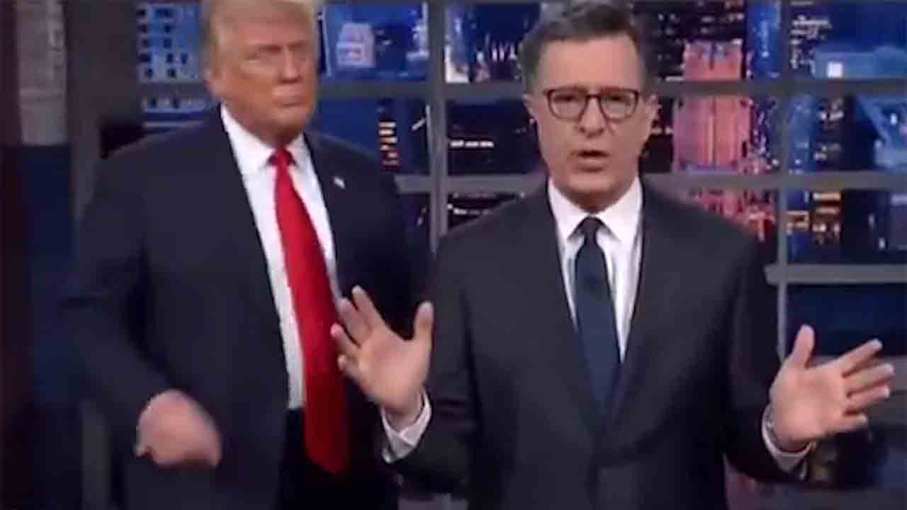 Trump surge jogando Stephen Colbert “no lixo” em vídeo gerado por IA (Foto: X) 