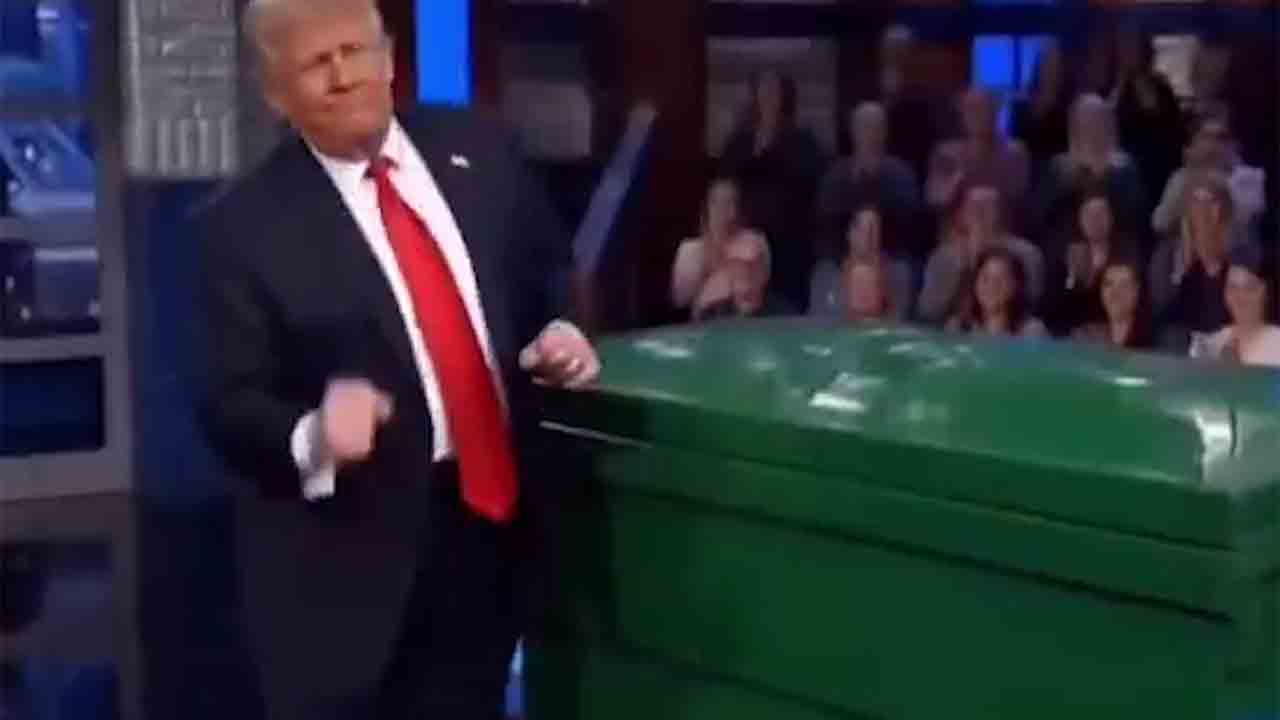 Trump surge jogando Stephen Colbert “no lixo” em vídeo gerado por IA (Foto: X)
