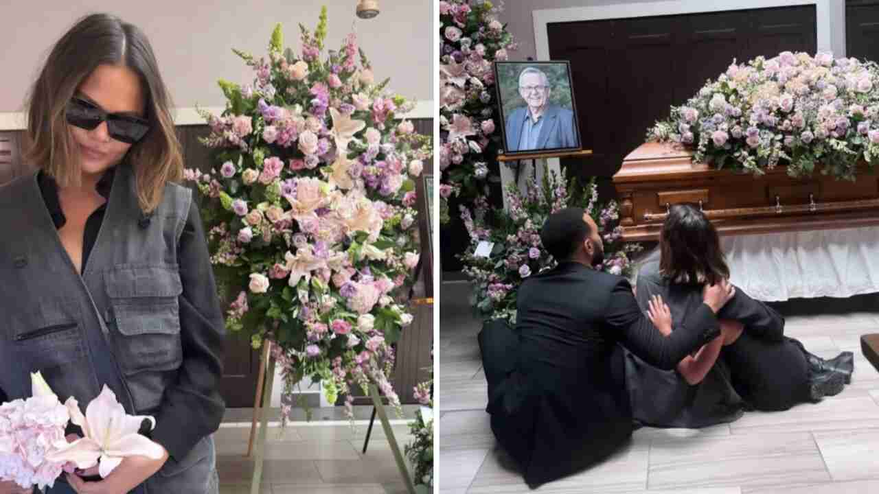 Chrissy Teigen compartilha fotos ao lado do caixão do pai durante funeral